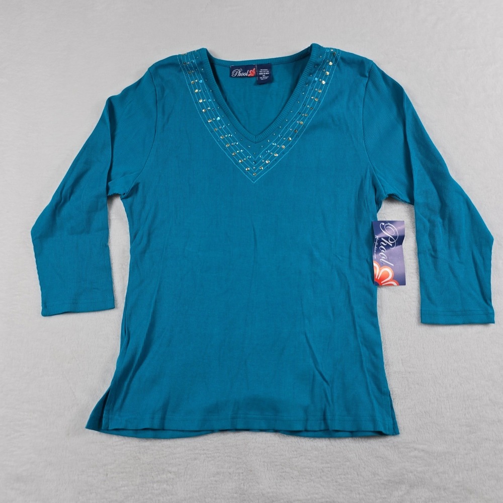 Phool Women Aqua Blue Ribbed 100% Cotton Sequin V-Neck 3/4 Sleeve Top XL NEW